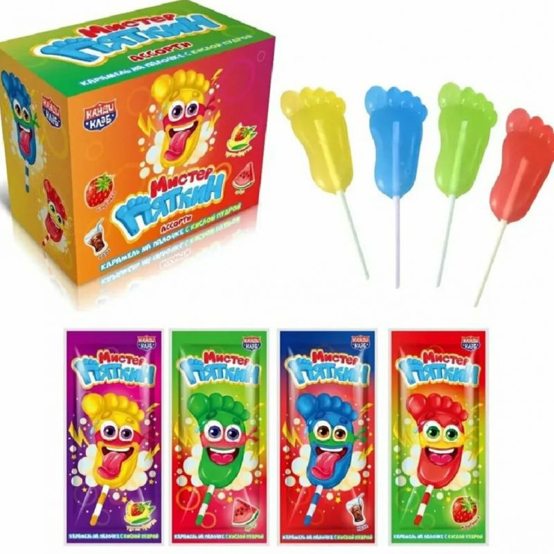 Карамель Мистер пяткин на палочке с кислой пудрой ассорти 11гр*48шт*12бл.