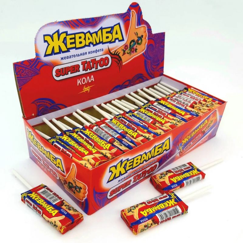 Жевательная конфета "Жевамба SUPER TATTOO" кола 10гр*50шт*12 блоков.