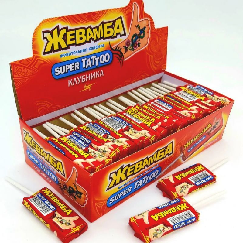 Жевательная конфета "Жевамба SUPER TATTOO" клубника 10гр*50шт*12 блоков.