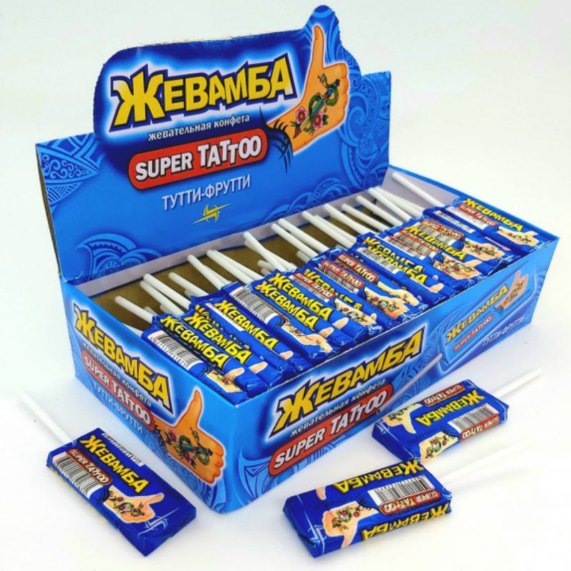 Жевательная конфета "Жевамба SUPER TATTOO" тутти-фрутти 10гр*50шт*12 блоков.